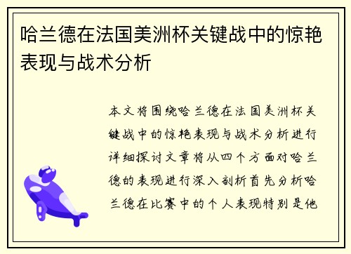 哈兰德在法国美洲杯关键战中的惊艳表现与战术分析